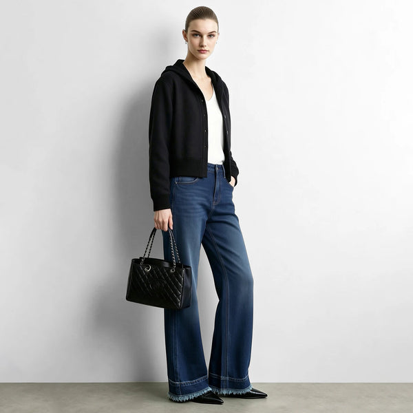 Amii Flare Jeans Cotton Denim Style Raw Hem Loose Women Casual Long Denim Trousers Denim Blue Autumn 2026 Woman Pants 12643088