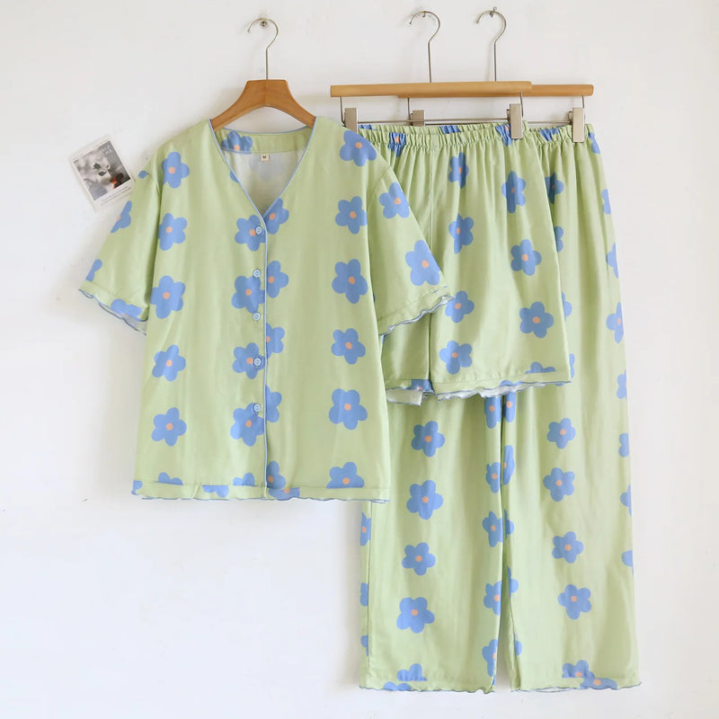 Floral Pajama Set Woman New Summer V-neck Short Sleeve Sleepwear Women's Cotton Home Wear Thin Casual 3 Piece Loungewear Suit
