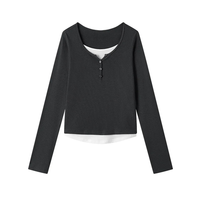 Semir Women Tshirt Slim Long Sleeve Curved Hem Patchwork Faux Two Piece Base Top Autumn Casual Style Daily Wear 2026