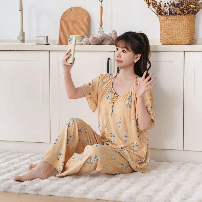Thin Summer Wear Short Sleeve Home Suit For Women Pajamas Ladies Two-piece Set Pyjama Femmes Floral 2PCS Women's Pajamas Set