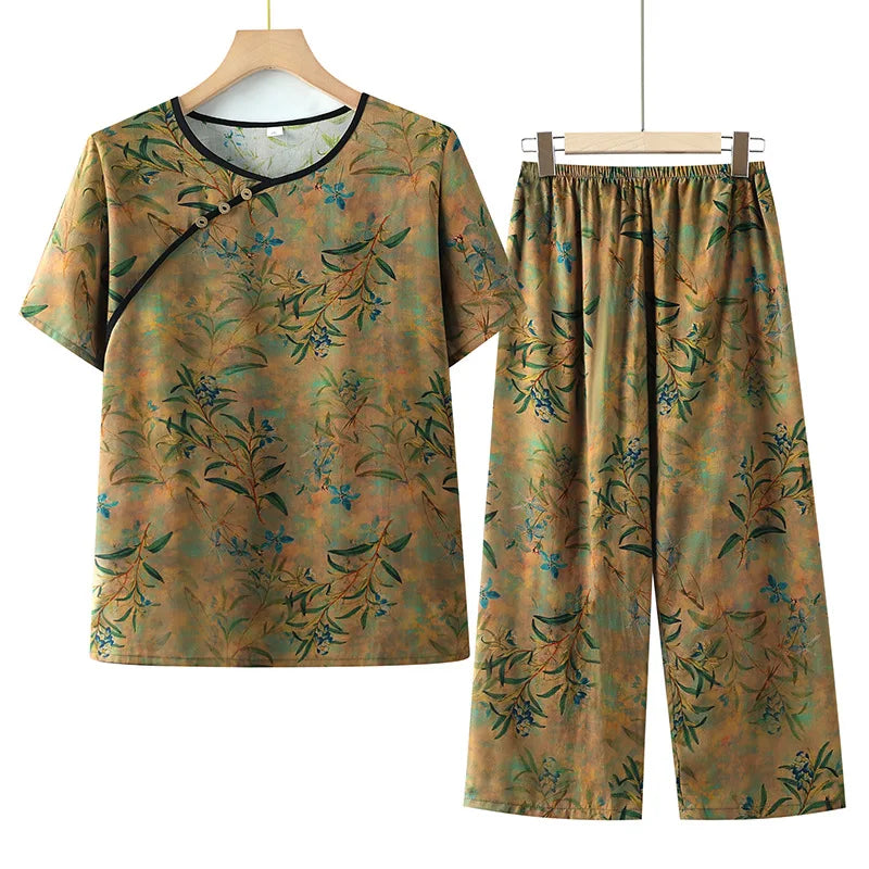Thin Middle-aged Summer Pajama Set Floral Night Wear for Ladies Sleepwear Loose Soft Short Sleeve Nightwear for Woman Pijama
