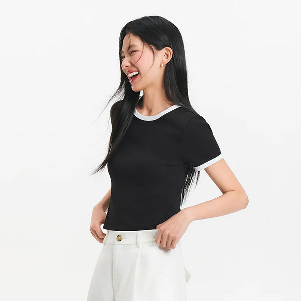 អាវយឺត Semir សម្រាប់នារី មានអារម្មណ៍ត្រជាក់ ខ្លី ស្តង់ដារ ស្មា ពណ៌ ប្លុក ស្ដើង រដូវក្តៅ ឆ្នាំ២០២៦ ស្ទីលធម្មតា ម៉ូដ ទន់ មានផាសុកភាព អាវប្រចាំថ្ងៃ