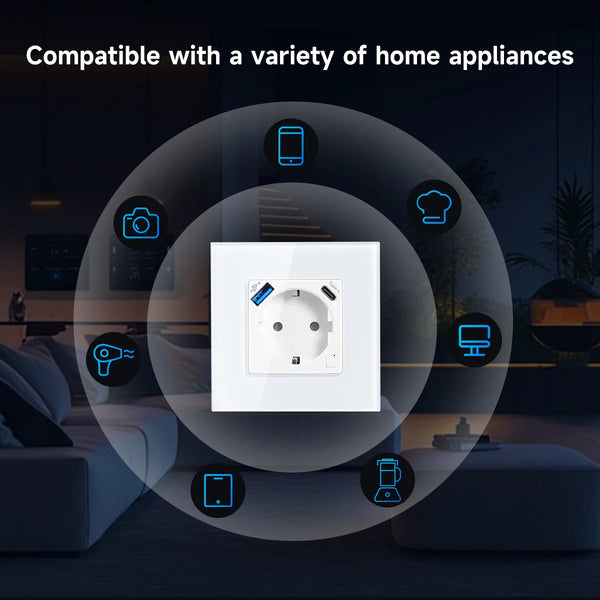 រន្ធដោត Wifi GEYA EU ជាមួយចំណុចប្រទាក់ USB ប្រភេទ C 20W រន្ធសាកថ្មលឿន គាំទ្រ Tuya Smart Life Alexa App 16A