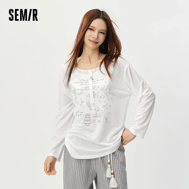 Semir Women Tshirt Print Oversized Mid Long Sleeve Top 2026 Summer Loose Casual