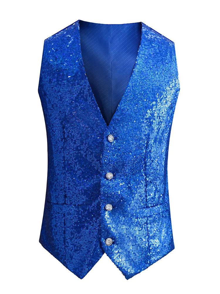 2026 New Men's Red Shiny Sequins Single Breasted Sleeveless Vest, V-Neck Waistcoat Gold Black White Blue Purple Available M-XXXL