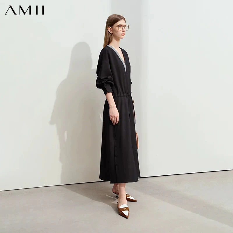 រ៉ូប AMII Minimalist សម្រាប់នារីធ្វើដំណើរទៅធ្វើការ ពណ៌ចម្រុះ ក V ខ្សែចង ធ្វើឱ្យស្លីម 2026 រដូវស្លឹកឈើជ្រុះ រ៉ូប Midi រលុង ស្រី 12443118