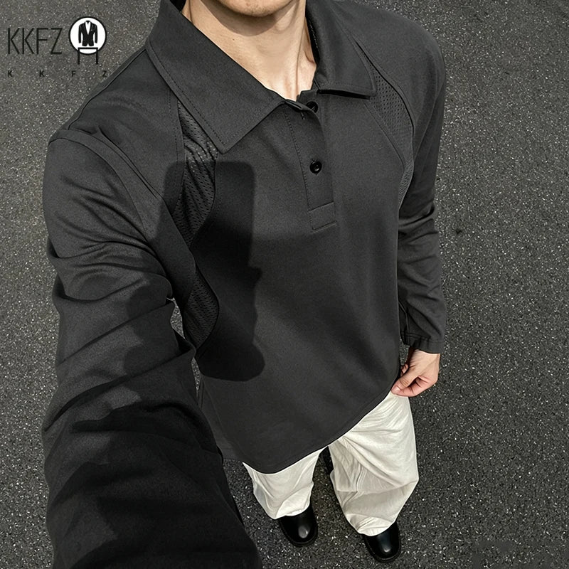 Mens Casual Polo Pullover Lapel Collar Long Sleeve Raglan Cut Button Front Loose Silhouette Mesh Spliced Fabric Daily Outfit