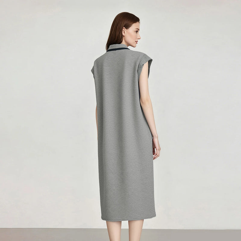 Amii Womens Dresses 2026 Summer New Color Block Contrast Lapel Air Layer Knitted Casual Loose Fit Midi Women's Dress 12622166