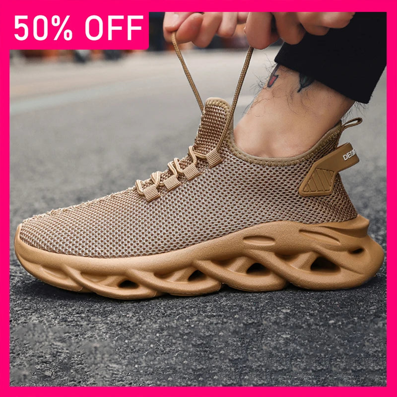 Men Sports Shoes Fashionable Soft Summer Mesh Breathable Outdoor Fitness Shoes Thick Sole Rebound Comfortable Tennis Shoes Man