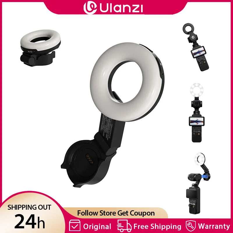 ភ្លើងរង្វង់ម៉ាញេទិក Ulanzi LM004 សម្រាប់ភ្លើងវីដេអូខ្នាតតូច DJI Pocket 4 ជាមួយនឹងកម្រិតពន្លឺ 3 កម្រិតអាចលៃតម្រូវបានសម្រាប់ការផ្សាយផ្ទាល់ Vlog