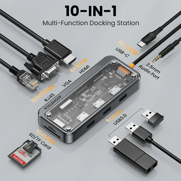 ស្ថានីយ៍ចត USB C HUB 10 ក្នុង 1 ប្រភេទ C ទៅ HDMI-compatible Hub Usb 3.0 អាដាប់ទ័រ PD 100W សម្រាប់សាកថ្មលឿន Macbook PC Laptop Tablet