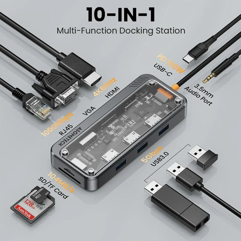 ស្ថានីយ៍ចត USB C HUB 10 ក្នុង 1 ប្រភេទ C ទៅ HDMI-compatible Hub Usb 3.0 អាដាប់ទ័រ PD 100W សម្រាប់សាកថ្មលឿន Macbook PC Laptop Tablet