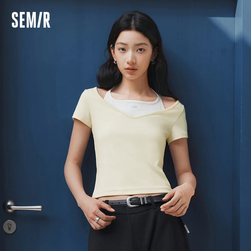Semir Womens Tshirt 2026 Short Halter V Neck Fake Two Piece Bow Slim Rhinestone Casual Fashion