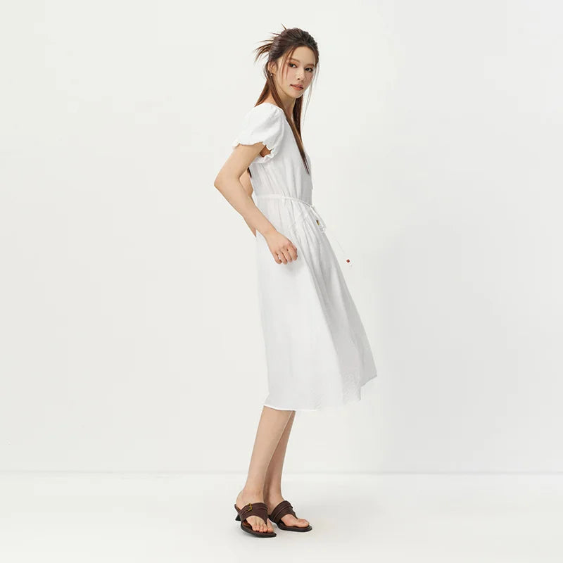 Semir Women Dress Puff Sleeve Waist Cinching Textured Maxi Elegant Vacation White 2026 Summer Romantic Style Top