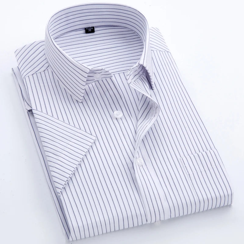 Summer Men's Vertical Striped Short-sleeved Cotton Shirt, Single-breasted Square Collar Shirts with A Pocket on The Left Chest