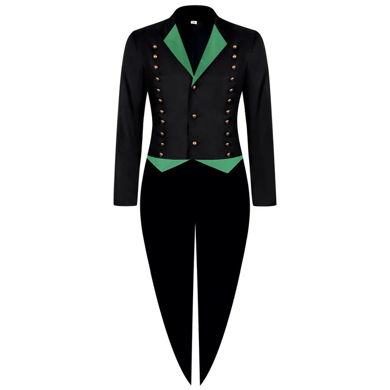 2026 New Arrival Men's Black Tuxedo, Triple-Breasted Green Patchwork Long Jacket, Vintage-Style Outerwear.
