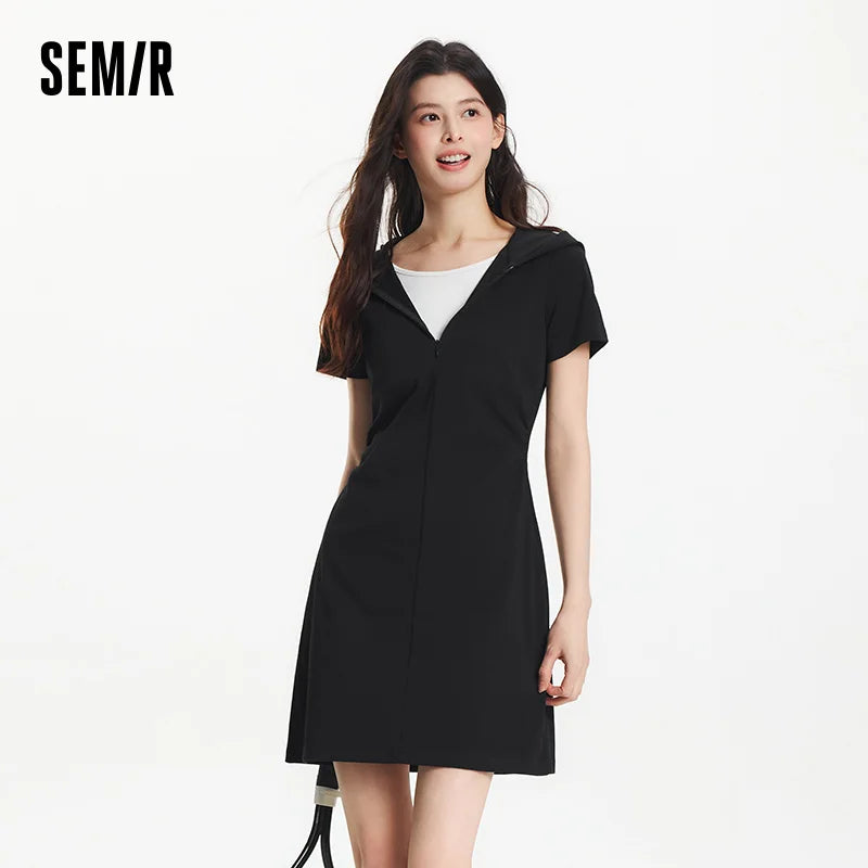 Semir Women Dress Hooded 2026 Faux Two Piece Slim Fit Pleated Waist Urban Casual Everyday Style Soft Comfortable Daily Wear