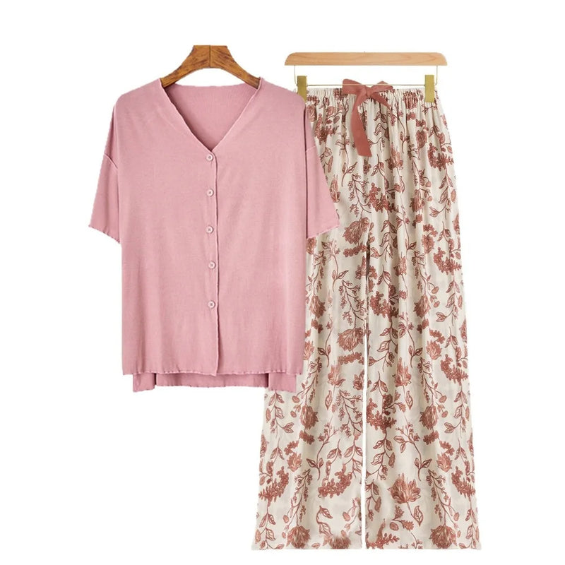new Summer pajamas set Short sleeve Home suit for women pajama Short Sleeve+Pants Two Piece Thin night wear female nightwear
