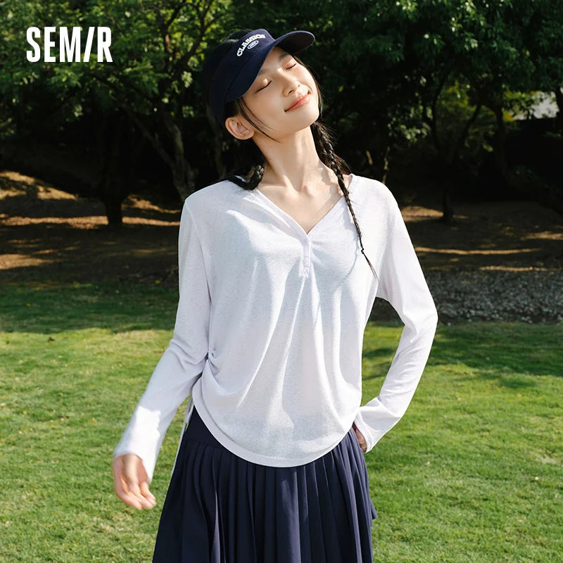 Semir Women Tshirt Solid 2026 V Neck Linen Look Loose Fit Drawstring Urban Casual Everyday Style Soft Comfortable Daily Wear