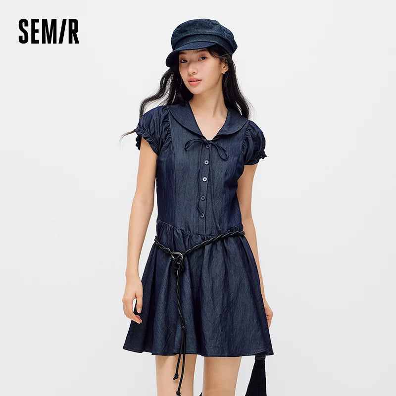 Semir Women Dress Sailor Collar Bow Lace Waist Cinching Slim Fit Sweet Stylish Mini 2026 Summer Fashion Casual Top