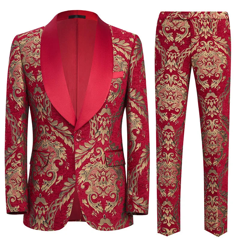 Luxurious Black Two-piece Men's Suit Set Featuring A Gold Jacquard Jacket and Trousers, Perfect for Weddings and Parties.