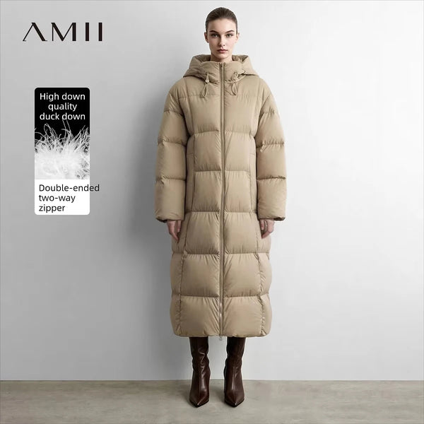 Amii Women Long Down Jacket Two-Way Zipper Warm Hooded Coats Commuter Minimalist Winter 2026 Women's Winter Down Jacket 12654008