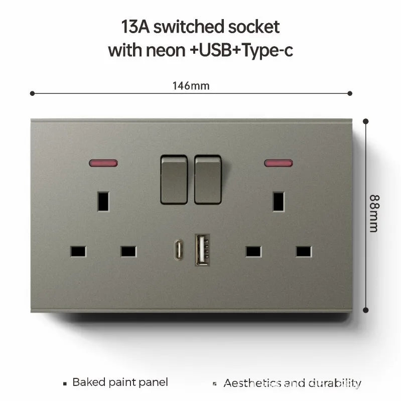 UK 13A with USB Type-c 18W Quick Charge Wall Power Socket Plug,Universal Wall light Switch Panel Dual USB Electrical Outlet