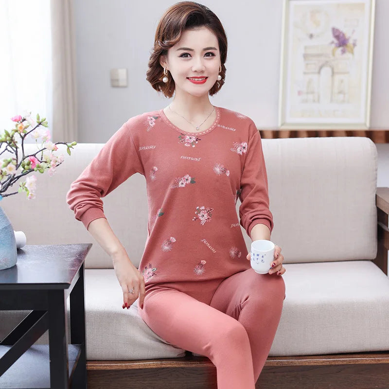 Middle Aged Mother Cotton Pajamas Set Long Sleeve Sleepwear Women 2 Piece Outfit Plus Size Homewear Autumn Winter Pijama Mujer