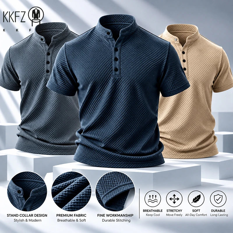 Mens Stand Collar Short Sleeve Shirt Soft Durable Waffle Premium Fabric Suitable For Daily Walking And Light Sports Occasions
