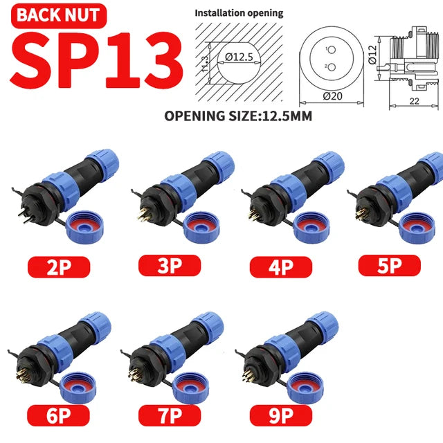 ឧបករណ៍ភ្ជាប់អាកាសចរណ៍ SP13 SP16 SP17 SP20 SP21 ឌុយ និងរន្ធរាងជារង្វង់ការពារទឹកជ្រាប 2–12 ម្ជុល IP68 សម្រាប់ LED ដ្រូន ឧស្សាហកម្ម
