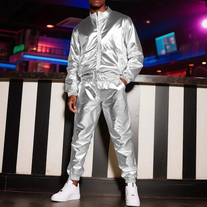 Lightweight Men's Silver Stand-up Collar Jacket Paired with Elastic Waist Pants, Gold Nightclub/Stage Performance Two-Piece Set.