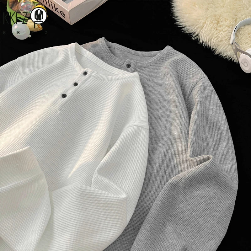 Breathable Waffle Henley Pullover Men Long Sleeve Round Neck Three Button Placket Versatile Everyday Streetwear Garment