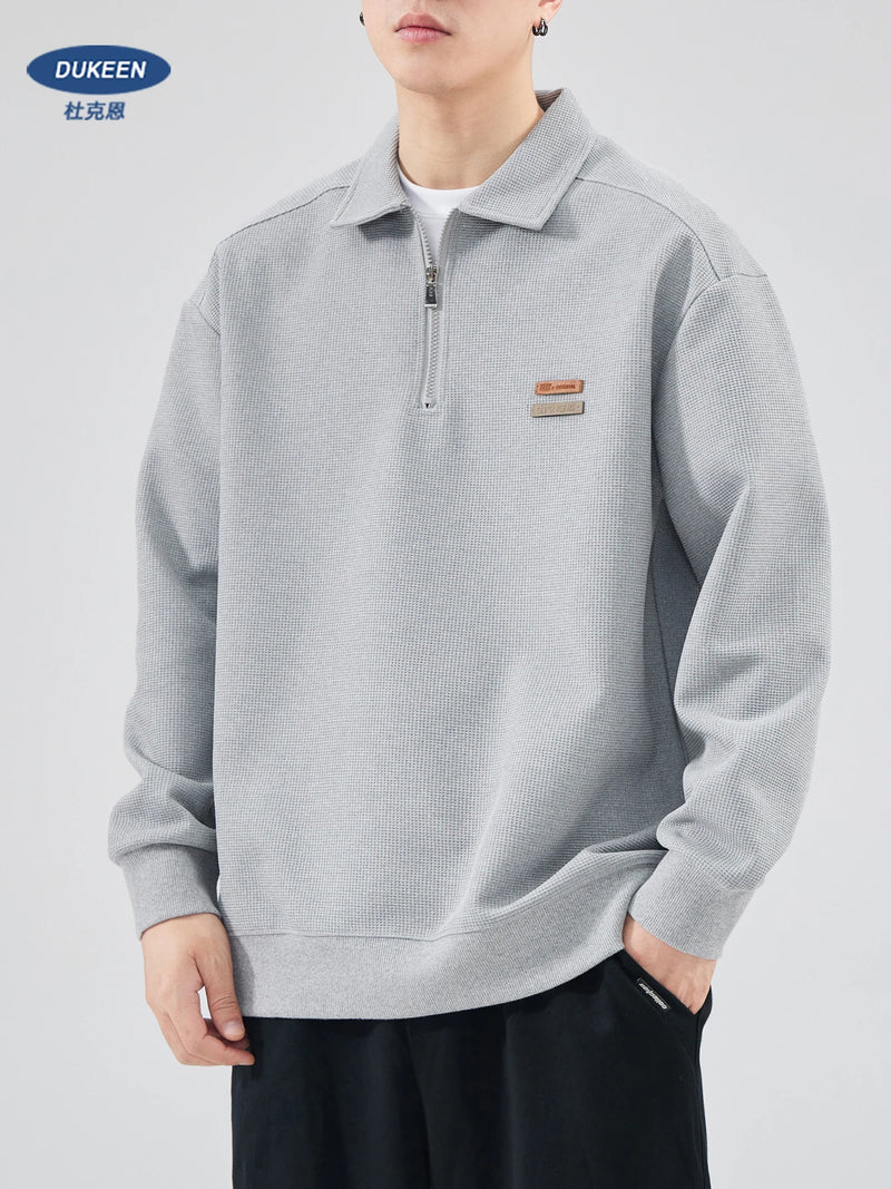 DUKEEN Heavyweight Waffle Knit Quarter-Zip Polo Sweatshirt for Men 2025 Spring Fall New Casual Loose Fit Long Sleeve Pullover