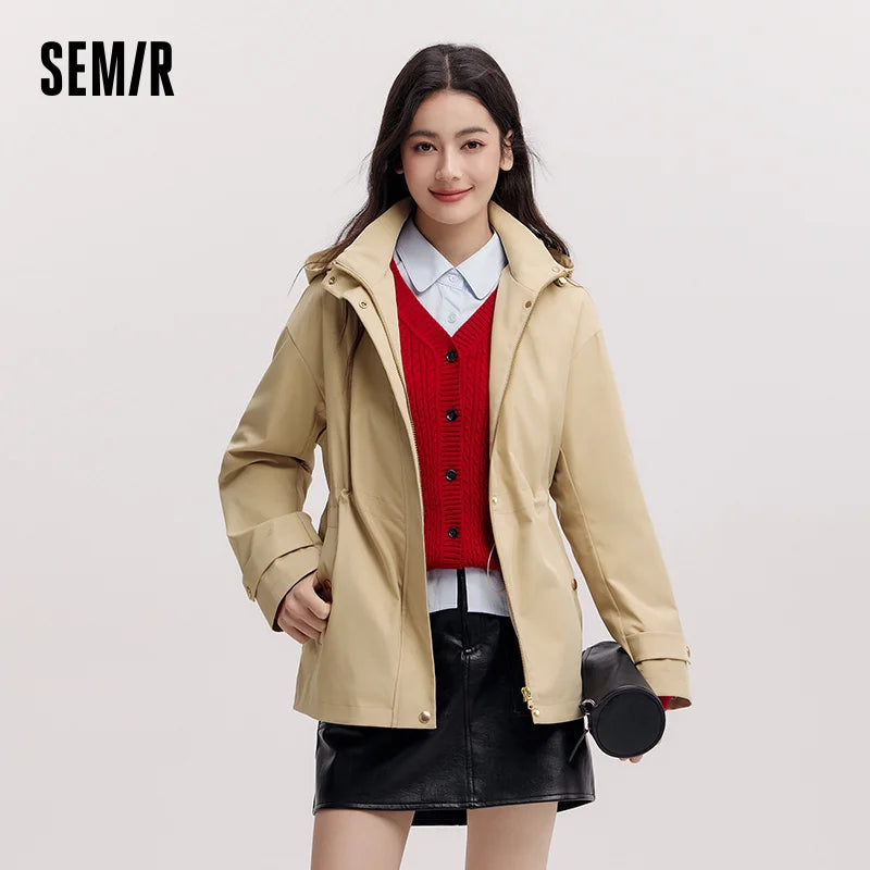 Semir Commute Jacket Women Spring Mid Length Hooded Drop Shoulder Waist Cinched Windproof Waterproof Stain-Resistant Top