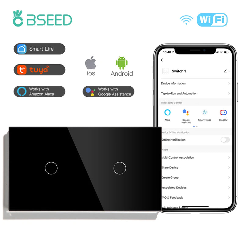 BSEED WIFI Touch Switch 1/2/3Gang 2Way Wifi Smart Switch Touch Sensor Wall Switch Tuya Google Alexa Smart Life Control