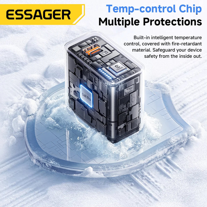 ឆ្នាំងសាក ESSAGER 65W GaN PD3.0 PPS QC4.0 ឆបគ្នាយ៉ាងពេញលេញសម្រាប់ iPhone 17 16 Samsung S26 MacBook Air Huawei Laptop PD Fast Charger