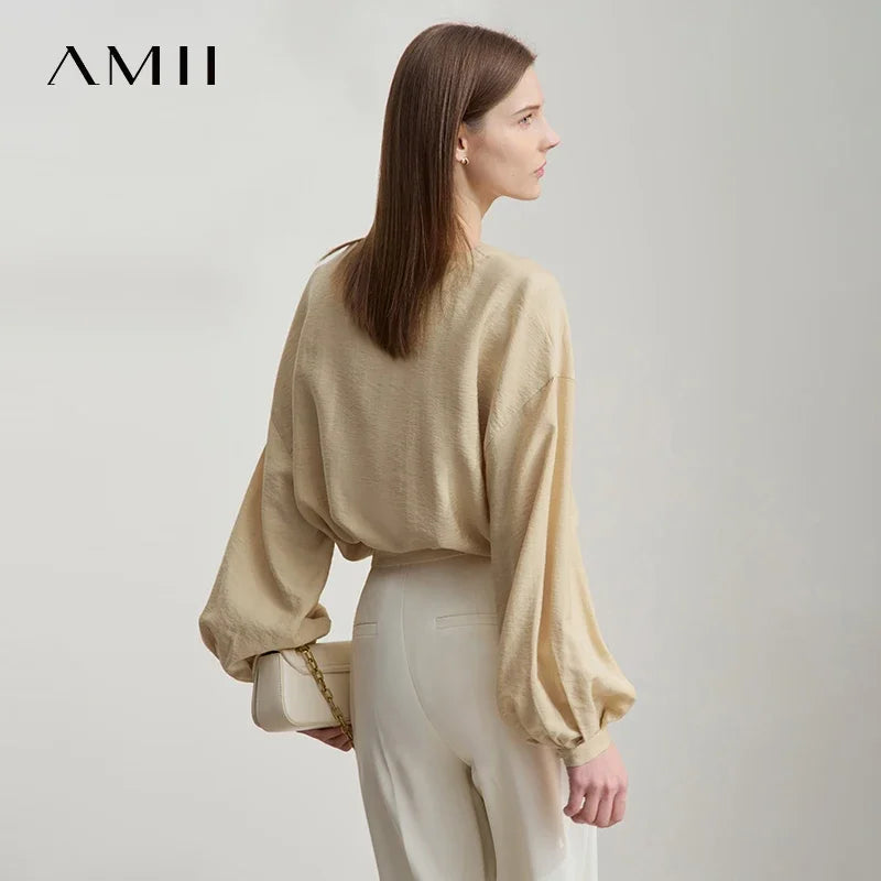Amii Women's Autumn Minimalist V-Neck Down Sleeve Shirt 2026 New Lyocell Solid Color Loose Casual Top Blouse Women 12551048