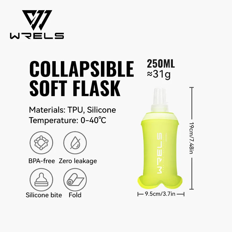 WRELS Soft Flask BPA Free TPU Collapsible Water Bottle Lightweight Foldable Hydration Bottle Wide Mouth Running Squeeze Bottle