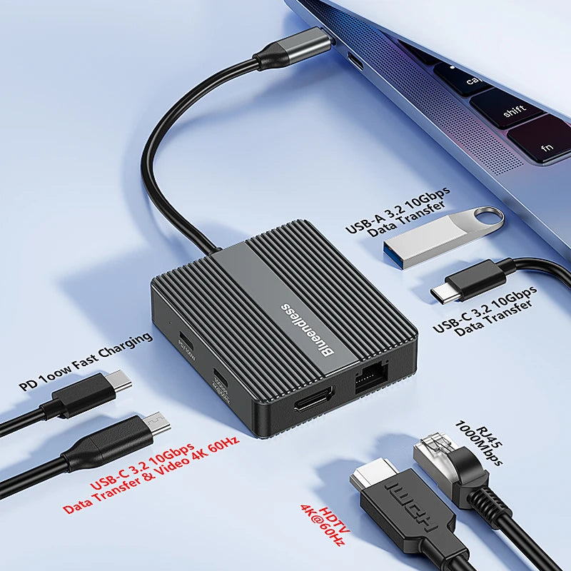 ស្ថានីយ៍ចត USB C 6-in-1 Blueendless 4K60Hz HDTV Gigabit Ethernet PD100W 10Gbps USB3.2 ប្រភេទ C Hub អាដាប់ទ័រសម្រាប់កុំព្យូទ័រយួរដៃ MacBook