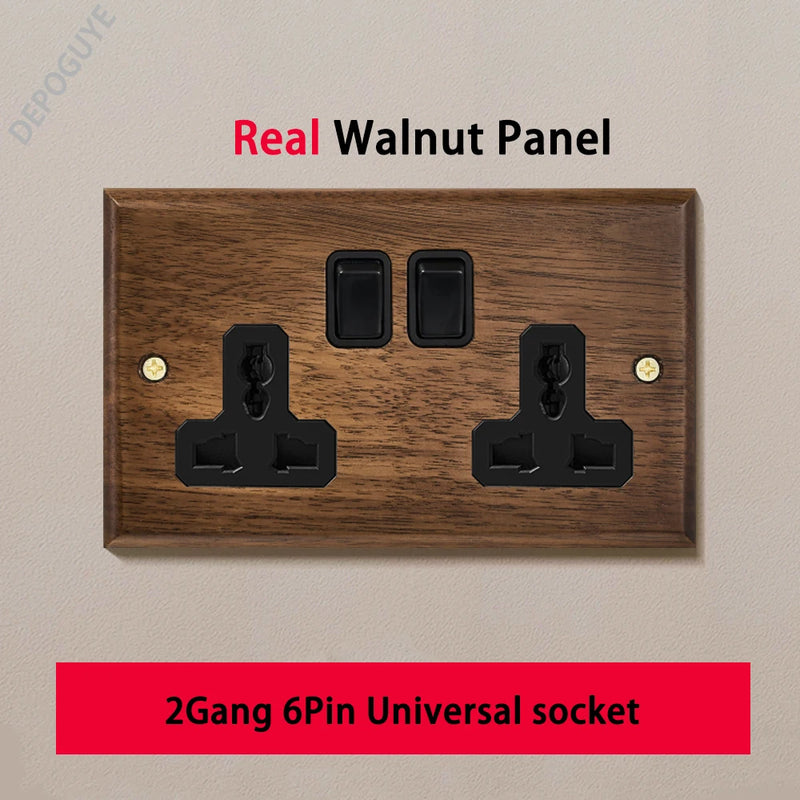 Black Retro Walnut Wall Toggle Switch Panel 1-4Gang 2Way Solid Wood Double EU/FR Socket Universal Usb C Electrical Power Outlet