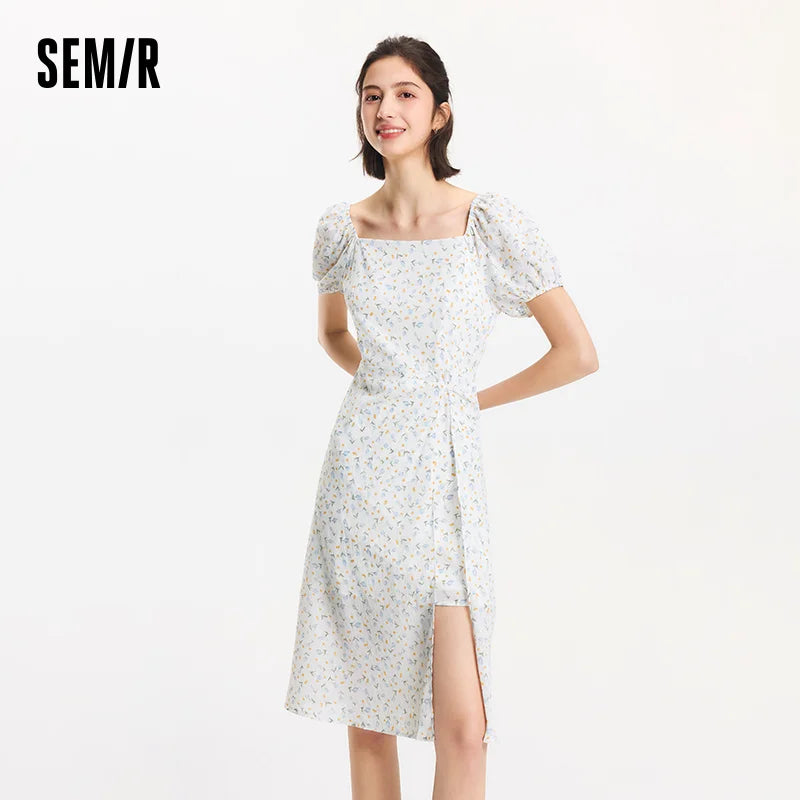 Semir Dress Women Puff Sleeve Romantic Playful Girly Summer French Square Neck Twist Split Chiffon Floral Dress