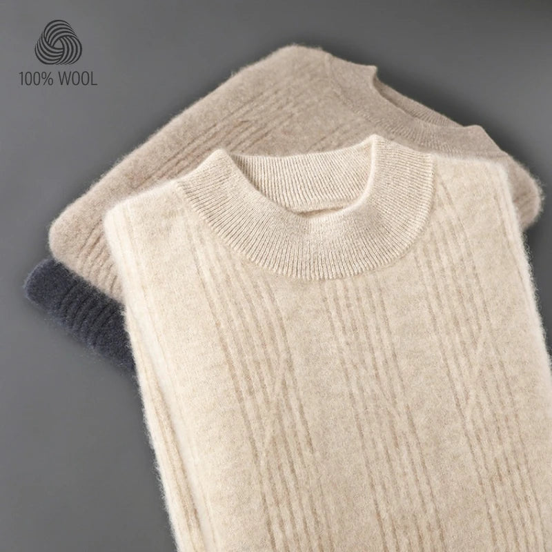 Men's 100% Wool Sweater,  Soft and Warm High-neck Wool Pullover Fine Vertical Stripe