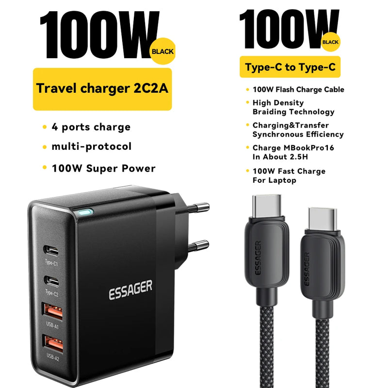 ឆ្នាំងសាក Essager 100W USB Type C ឆ្នាំងសាក 65W PD Quick Charge 4.0 3.0 Type-C សាកលឿនសម្រាប់ iPhone 16 15 14 13 Pro Xiaomi Macbook Laptop