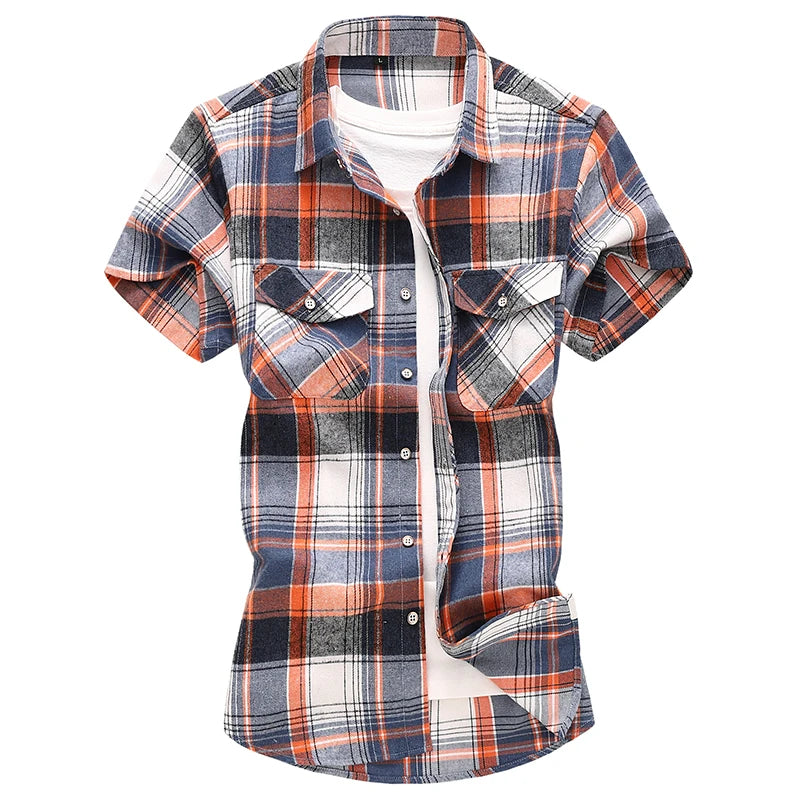Men Red Striped Plaid Short-sleeved Shirt, Single-breasted Square Collar Cotton Shirts Summer Fashion Casual Camisa Men Chemise