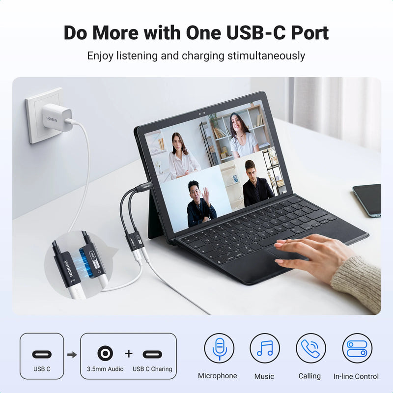 UGREEN Sound Card USB C to AUX Cable Adapter Type C 3.5mm AUX Earphone Converter DAC Chip PD QC Charging Sound Card for Headset