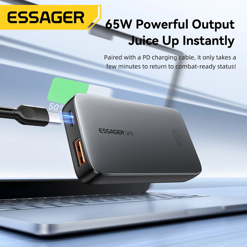 ឆ្នាំងសាក Essager Ultra Thin 65W GaN Travel Charger Quick Charge 4.0 PD3.0 PPS Portable Type C Charger សម្រាប់ iPhone Samsung Macbook Laptop