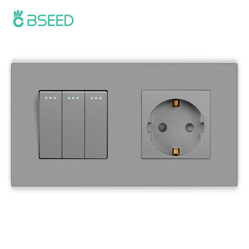 BSEED Button Light Switch 1/2/3Gang 1Way Wall Light Switch Plus Wall Power Socket Gray Plastic Frame Switch On Off