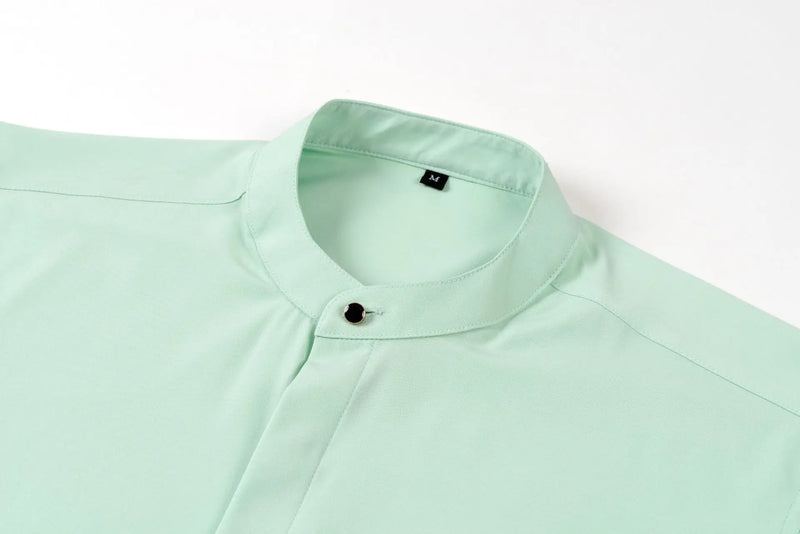 Men's Black Long-sleeve Stand-collar Shirt for Spring and Fall; Blue Single-breasted Stretch Shirts; Red, Yellow, Green, White.