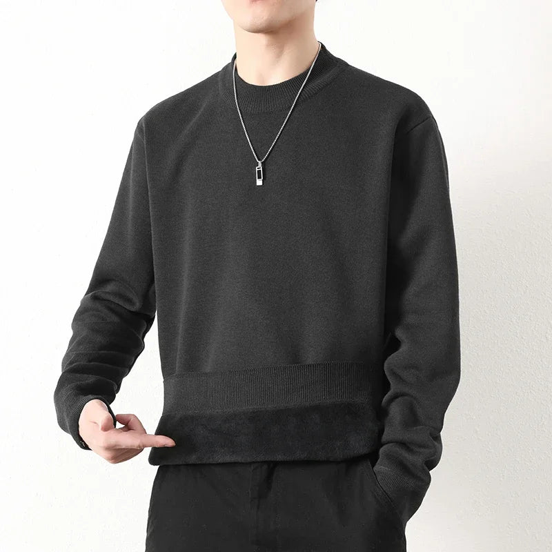 Men Loose Silhouette Half Turtleneck Knitwear Full Plush Lining Long Sleeve Thermal Sweater Casual Daily Base Outfit