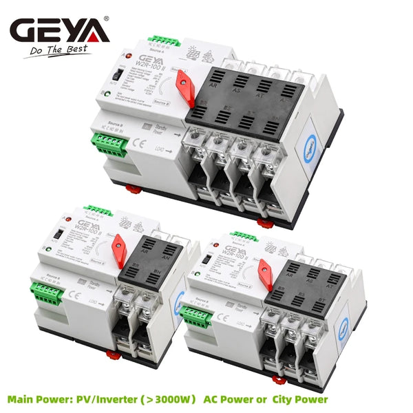 GEYA PV សូឡា ឬ ថាមពលទីក្រុង ATS 110V 220V PC កុងតាក់ផ្ទេរដោយស្វ័យប្រវត្តិថាមពលពីរ 100A ថាមពលមិនមានការរំខាន Mini ATS